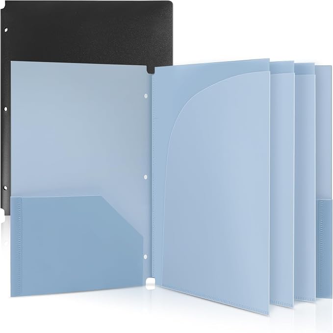 Plastic Pocket Folders，2 Pockets and 3 Dividers, Letter Size – Fits 3-Ring Binders – School Folders for Students & Office Use – Black & Haze Blue