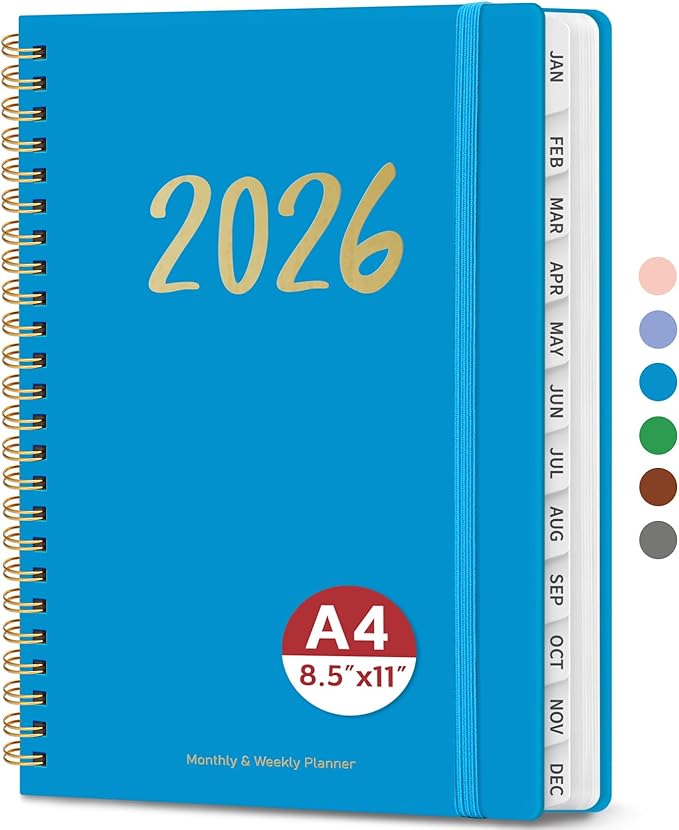 2026 Planner - Weekly and Monthly Planner, January 2026 to December 2026, Spiral Bound 2026 Calendar Planner Book, Inner Pocket, Perfect for Office Home School Supplies - A4 (8.5" x 11"), Azure Blue