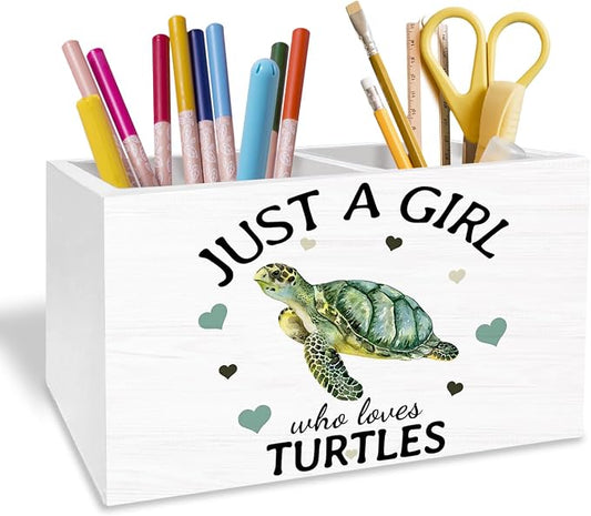 Coastal Beach Sea Turtle Pen Holder for Desk, Gifts for Turtle Lovers Pencil Organizer, Just a Girl Who Loves Turtles Wooden Box Sign Desk Decor for Home Office Decoration