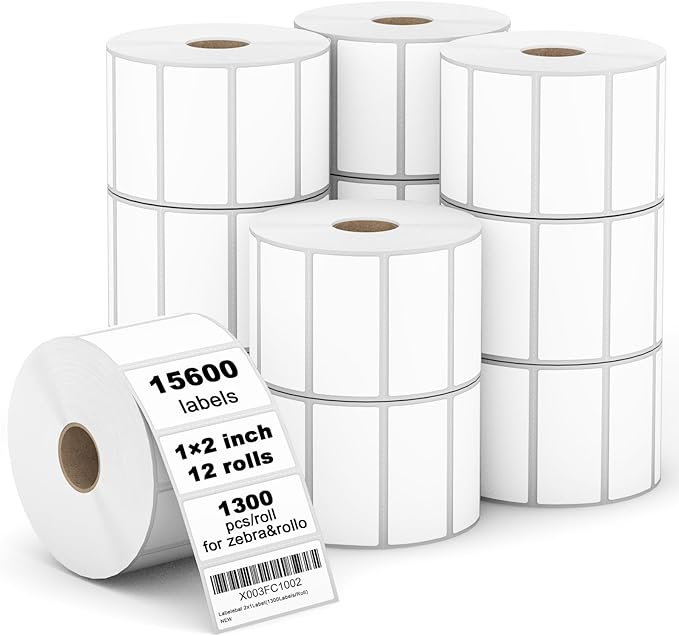 【15600 Labels/12 Rolls】 3-Proof 1" Core Labelebal 2" x 1" Direct Thermal Label (51mm x 25mm) Multipurpose Shipping Address Barcodes Labels Compatible for Zebra & Rollo Desktop Label Printer