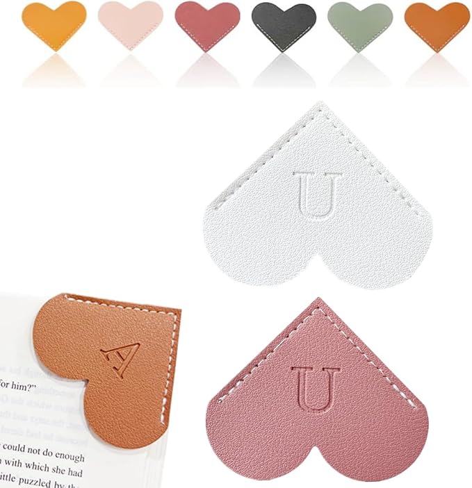 Personalized Leather Heart Bookmark, 26 Letters Customized Corner Book Mark for Reading Women, Book Marker with Initials，Cute Gifts (White+Deep Pink, U)
