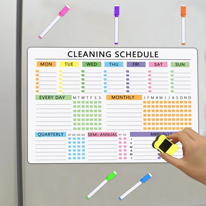 Cleaning Checklist Dry Erase Magnetic Whiteboard for Refrigerator – Daily, Weekly & Monthly Planner with 5 Highlight Markers & Eraser – Household Chore Schedule, Kitchen Organizer, Family Task Planner