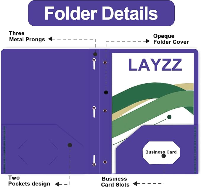 Two Pocket Folders with Prongs, LAYZZ 60 Pack Poly Plastic Folders, Heavy Duty Plastic Folders with Pockets and Prongs, Letter Size, for Offices and Schools (Purple)