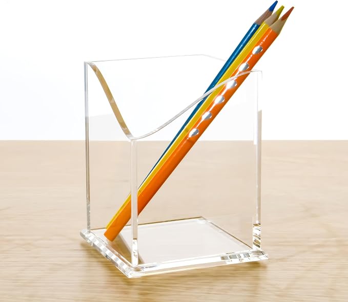 Clear Acrylic Pencil Pen Holder Cup, Desk Accessories Holder,Makeup Brush Storage Organizer, Modern Design Desktop Stationery Organizer for Office School Home Supplies, 3.1x 3.1x 4.3 inch