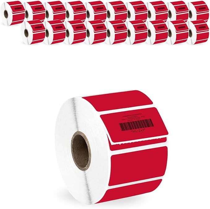 HOUSELABELS 2" x 1" Red Barcode Labels on 1" Core Compatible with Zebra and Rollo Printers, 20 Rolls / 1,300 Labels per Roll