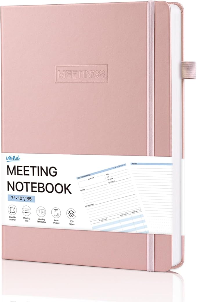 WEMATE Meeting Notebook for Work, Work Planner Notebook With Action Items, B5 Size Project Planner, Easily Take Meeting Notes & Keep Agendas on Track, Calender, Index Page, Inner Pocket, 7×10 Inch, Pink