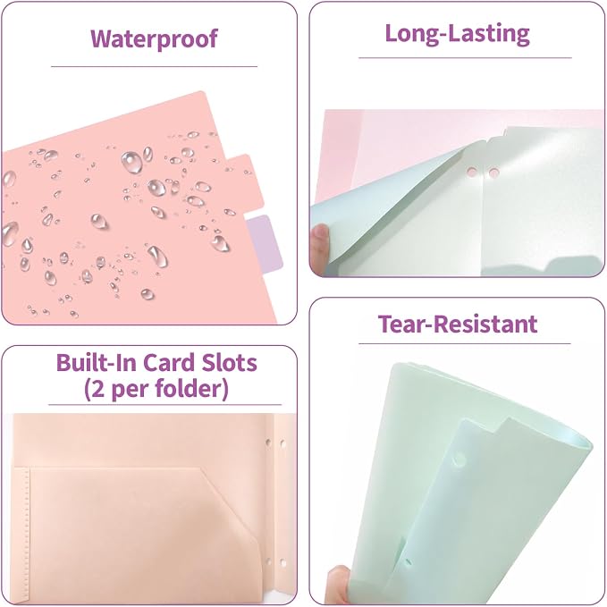 Binditek 18 Pack Pastel Pocket Folders for 3 Ring Binder, Plastic Folders with 2 Pockets, Unique 1/3 Cut Tabs with Colorful Labels, for Office Classroom, Letter Size