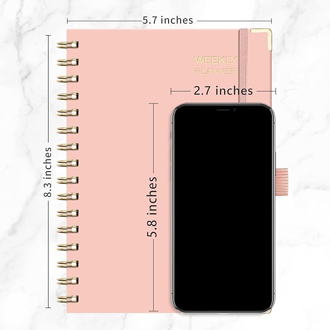 RETTACY Undated Planner, Weekly and Monthly, 53 Weeks and 12 Months, Medium Size (5.7" x 8.3"), 24 Self-adhesive Monthly Tabs, Hardcover, 100 GSM Thick Paper, Spiral-bound (Pink)