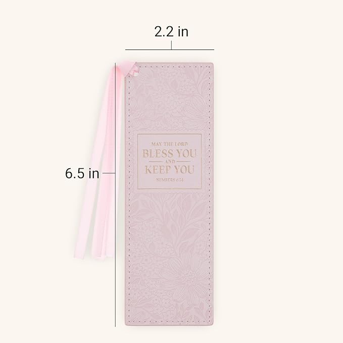 Christian Art Gifts Pink Floral Faux Leather Encouraging Scripture Bookmark for Women: Bless You & Keep You Golden Inspirational Bible Verse, Cute Satin Ribbon Markers for Reading, Marking Book Pages