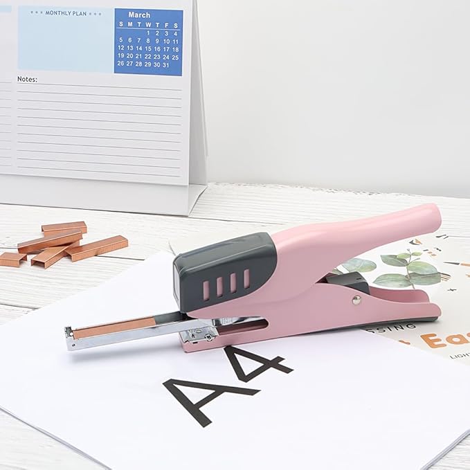 NatSumeBasics Plier Effortless Stapler & 1000 Rose Gold Staples, Handheld Stapler 45 Sheet Capacity Heavy Duty Manual Staplers for Office Accessories Supplies (Pink)