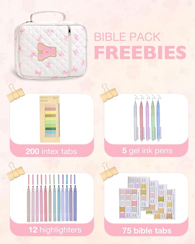 Initial Bible Cover Case for Women Girls Kid Large Bible Cover with Durable Handle Quilted Bible Carrying Case for Girls Bible Study Supplies Accessories (Pink Bow K, one Size)