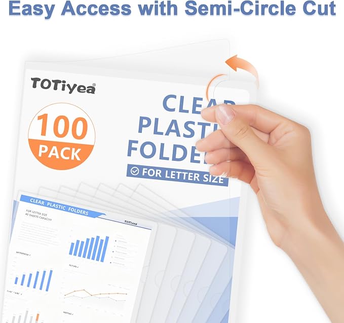 TOTiyea 100 Pack Clear Folder, 7Mil Plastic L-Type Folders, Clear Copy Safe Project Pocket, Fits Letter Size 8.5x11 Paper, Transparent