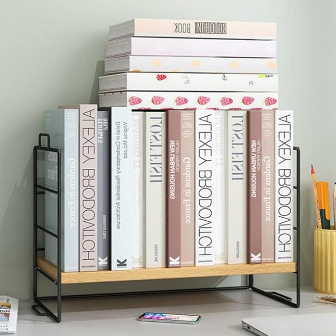 Desktop Shelf Organizer, Small Wood Countertop Bookshelf Adjustable Desktop Organizer Office, Desk Storage Tabletop Display Shelf for Home Office Kids Dorm (Wood White Frame)