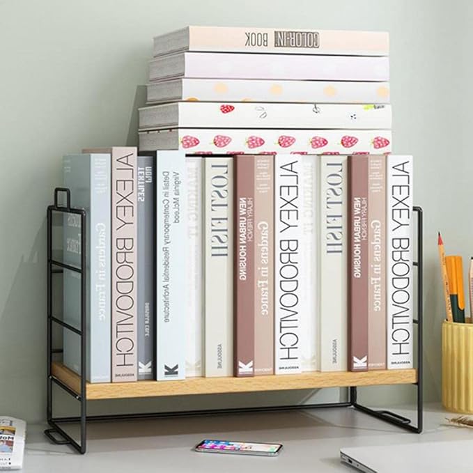 Desktop Shelf Organizer, Small Wood Countertop Bookshelf Adjustable Desktop Organizer Office, Desk Storage Tabletop Display Shelf for Home Office Kids Dorm (Wood Black Frame)