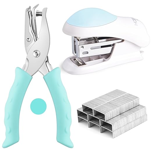NEBURORA Blue Single Hole Puncher Metal with Soft-Handled Bundle Blue Mini Effortless Desktop Staplers with 400 Standard Staples
