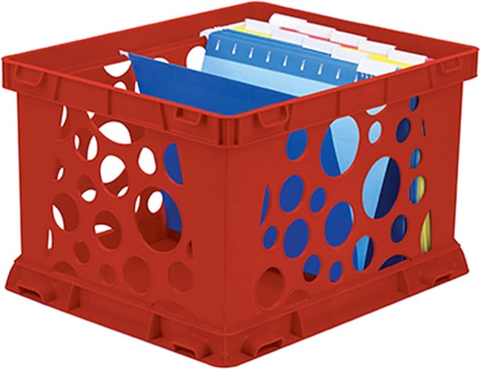 Storex Premium Stackable File Crates (3-Pack) for Letter & Legal Hanging Folders – Durable Red Plastic Storage Bins with Handles – 50 lb Capacity Organizer for Office, Home, Classroom