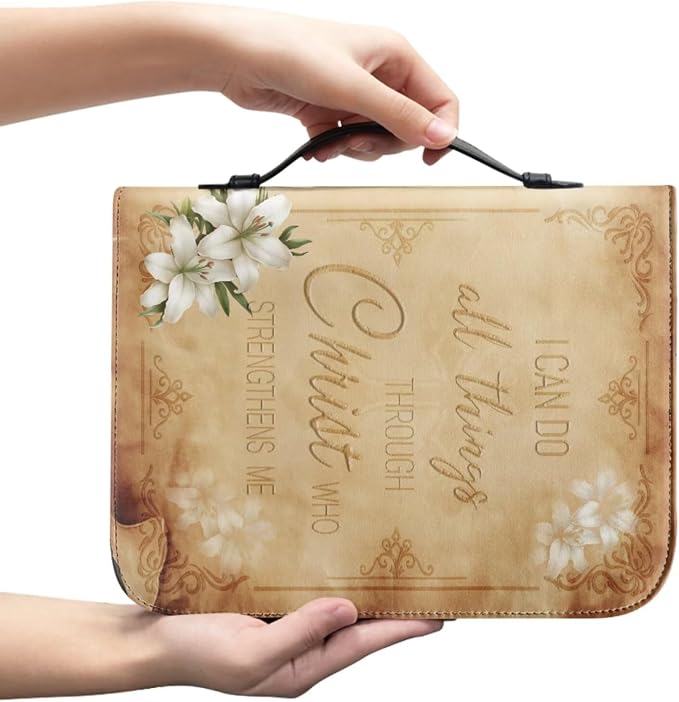 Retro Style Brown Cross Bible Case with Bookmark Waterproof Bible Cover Case for Women Lightweight Bible Bag with Handle Pockets Church Book Bag