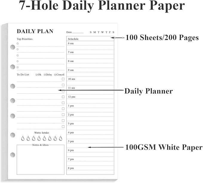 (3-Pack) 7-Hole Undated Daily Planner Refill - A5 To Do List Insert, 300 Sheets/600 Pages Planner and Lined Refill, 6-Hole Punched, 100 gsm White Paper, 5.8'' x 8.3''