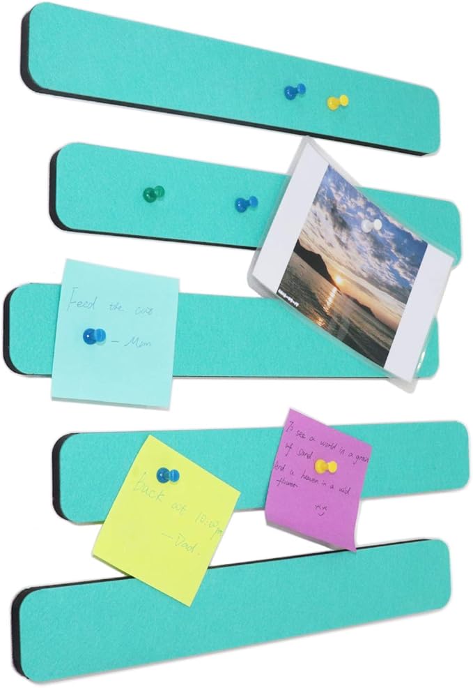 Felt Bulletin Board Bar Strip 0.5 Inch Thick Self-Adhesive Pin Board Bar 13 Inch in Length with 15 Pushpins, 5 Turquoise Bars