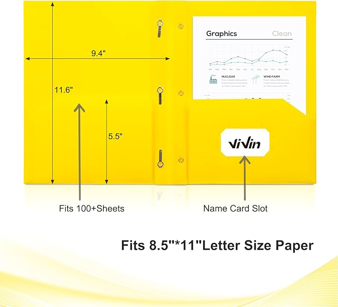 ViVin Plastic Folders with Pockets and Prongs,6 Pack,Heavy Duty 2-Pocket File Folder with 3 Fasteners,Fits Letter Size Paper,for School Home and Office(Bright Yellow)