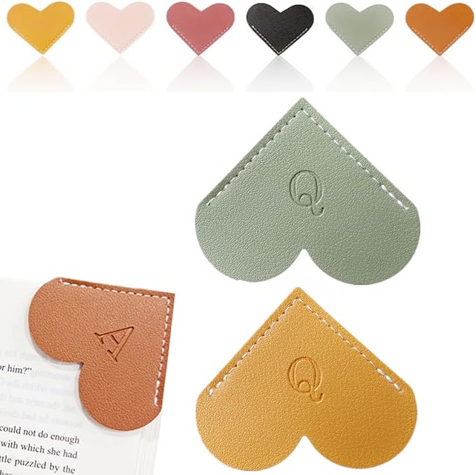 Personalized Leather Heart Bookmark, 26 Letters Customized Corner Book Mark for Reading Women, Book Marker with Initials，Cute Gifts (Green+Light Brown, Q)