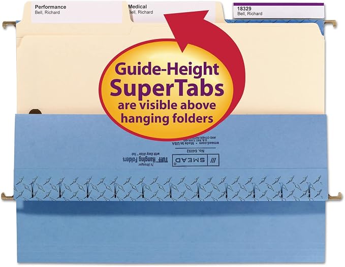 Smead SuperTab® Heavyweight Fastener File Folder, 2 Fasteners, Oversized Reinforced 1/3-Cut Tab, Guide Height, Letter Size, Manila, 50 per Box (14545)
