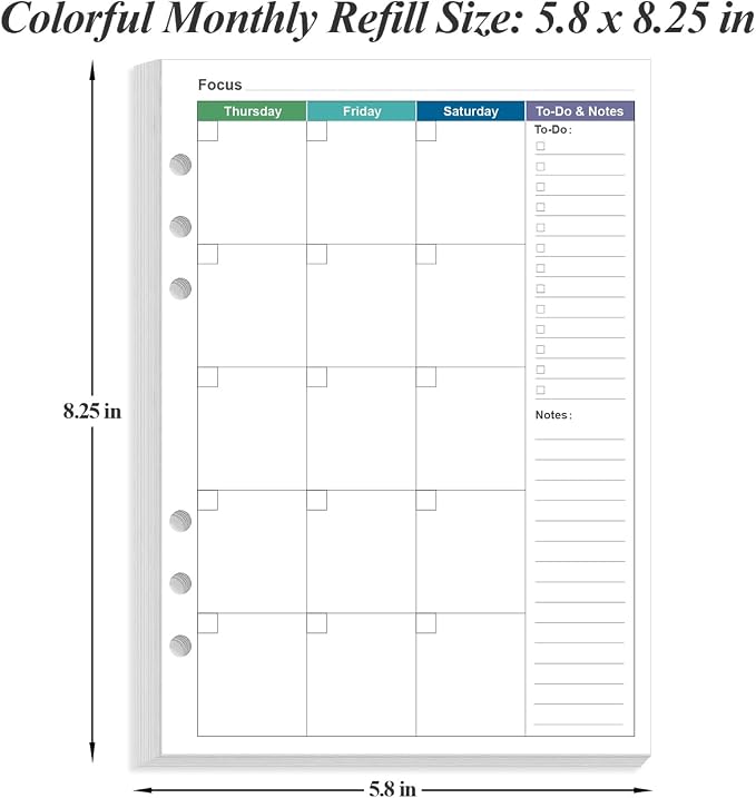 Monthly Planner Refills for A5 Binders - 53 Sheets/106 Pages Undated Colorful Monthly Planner, 6-Hole Punched, 100 gsm White Paper, Lasts 2 Year, Undated, 5.8" x 8.3"