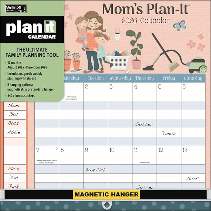 WSBL Mom’s 2026 Plan-It Plus Calendar – 17-Month Organizer (Aug 2025–Dec 2026) with Magnetic Whiteboard, 400+ Reminder Stickers & Family Artwork, 12"× 12"