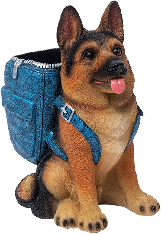German Shepherd Pen Holder, Office Desk Organizer, Pencil Holder with Backpack, Decorative Resin Dog Statue, Pen Storage for Office, School, Home, Ideal Gift for Dog Lovers (A)