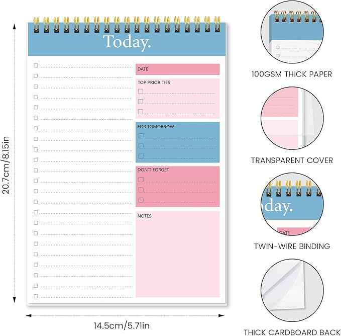 KMQOY To Do List Notepad - 3 Pack Daily Planner Pad Undated 52 Sheets Spiral Today Planner Note Pad Premium Thick Paper 6.5" x 9.8" For Work and Personal Organized