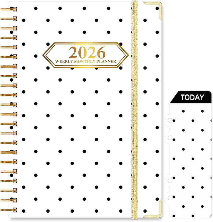 2026 Monthly Planner, Jan.2026 - Dec.2026 Weekly Planner 6.25"x8.5" with Page Tabs, Calendar Hardcover with Inner Pocket, Elastic Band, Twin-Wire Binding, Bookmark, Black White Polka Dots