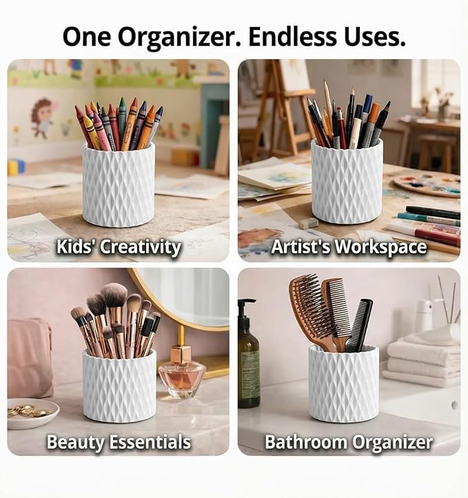 White Pen Holder for Desk, 360° Rotating Pencil Holder with 5 Slots - Spinning Desk Organizer & Pencil Cup for Art Supply, Office Pen Organizer for Home, School, Desk Accessories