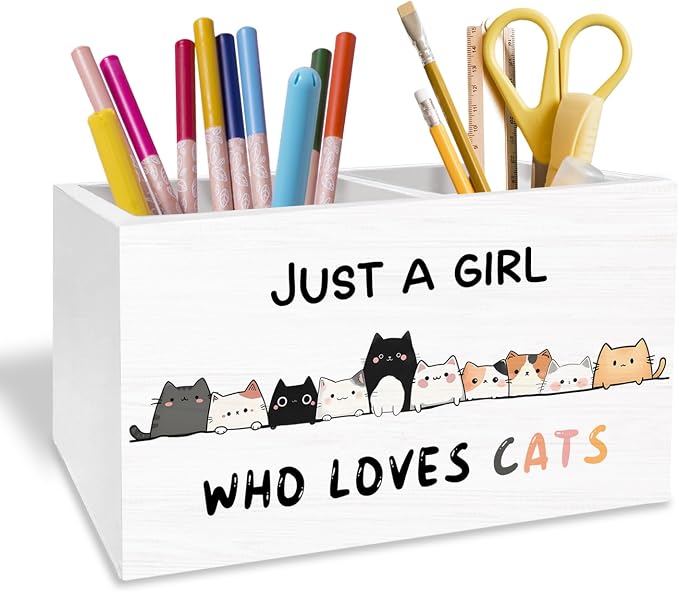 Funny Cat Pen Holder for Desk, Cat Lover Lady Mom Owner Gifts Pencil Organizer, Just a Girl Who Loves Cats Wooden Box Sign Desk Decor for Home Office Decoration