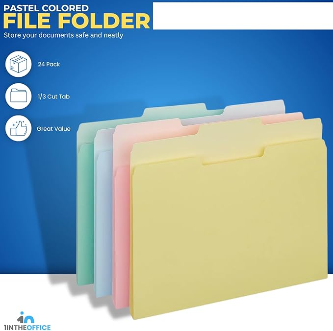 1InTheOffice Colored File Folders Letter Size, Top-Tab File Folders, 3 Tab, 5 Assorted Pastel, 24/Pack