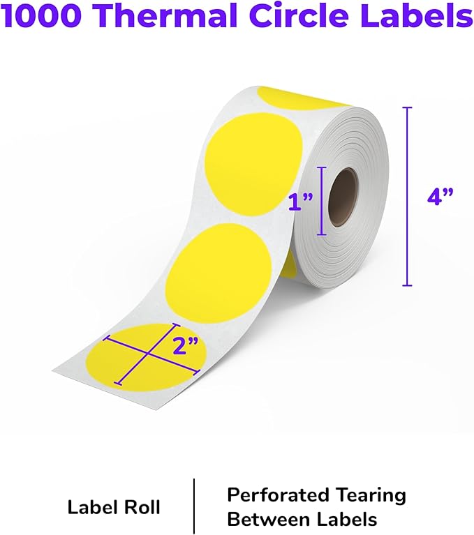 Rollo Circle Thermal Labels 2 Inch - Roll of 1,000 Round Sticker Labels - Multi-Purpose Direct Thermal Printer Stickers 2x2 (Yellow)