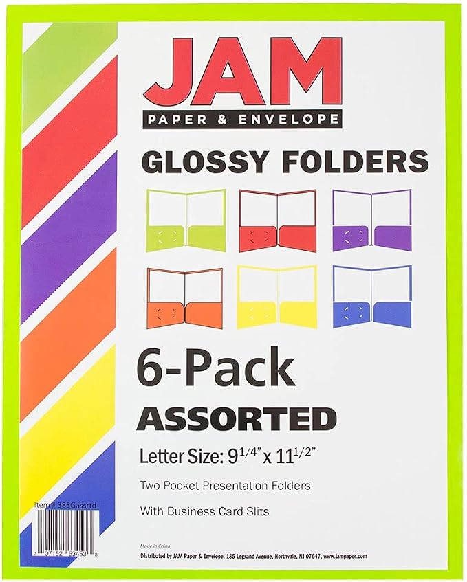 JAM PAPER Laminated Two Pocket Glossy School Folders - Letter Size - High Gloss Assorted Primary Colors - 6/Pack