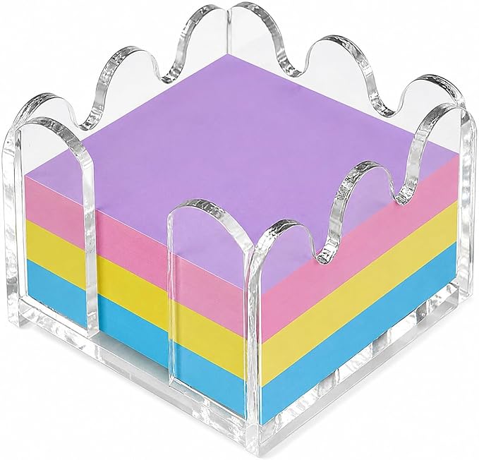 Acrylic Sticky Note Holder, 3 x 3 Inch Wavy Clear Sticky Note Dispenser, Crystal Clear Notepad Holder for Office Desk and Dorm Room, 1 Pack