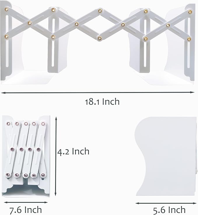 Metal Bookends, Book Ends for Heavy Books, Adjustable Book Holder for Shelves, Book Stopper for Home/School/Office, Extends up to 19 inches, White