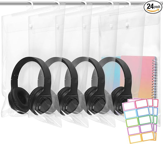 Gersoniel 24 Pack Large Classroom Headphone Hook Hanging Storage Bags 11.6" x 15" PVC Clear Plastic Organizer Bags with Name Sticker Reusable Waterproof and Dustproof Ideal for Classroom Library
