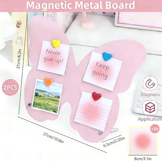 2 Pcs Magnetic Board, Magnet Message Board, 10.6"x8.2" Metal Magnetic Bulletin Board with 50 memo Sheets and 8 Magnets, Magnet Display for Home, School, Kitchen, Office(Butterfly, Pink)