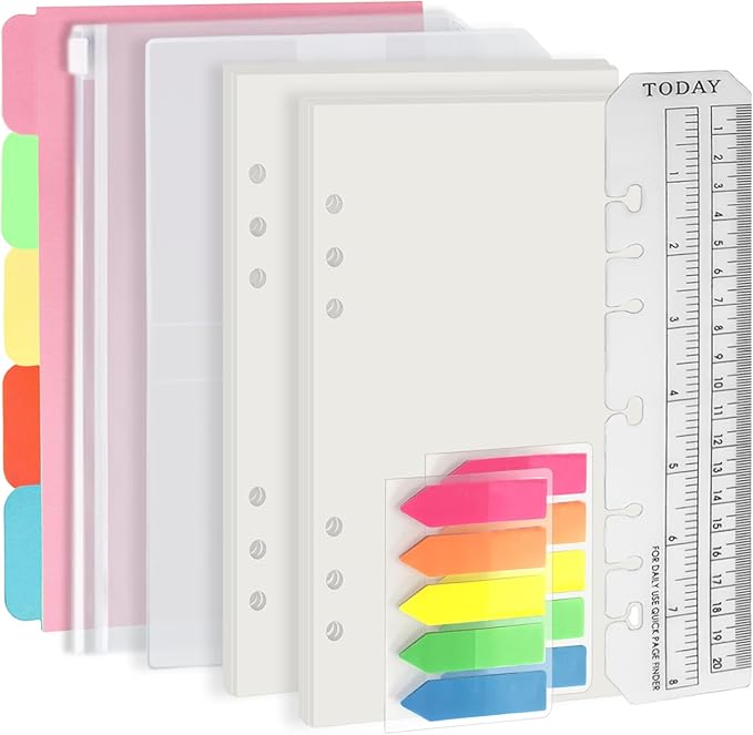 Harphia A5 6 Holes Binder Refill Value Set, 90sheets plain blank loose leaf paper with stickers and dividers, planner inserts with binder pockets for A5 notebook