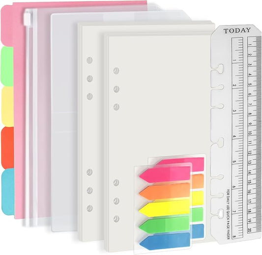 Harphia A5 6 Holes Binder Refill Value Set, 90sheets plain blank loose leaf paper with stickers and dividers, planner inserts with binder pockets for A5 notebook