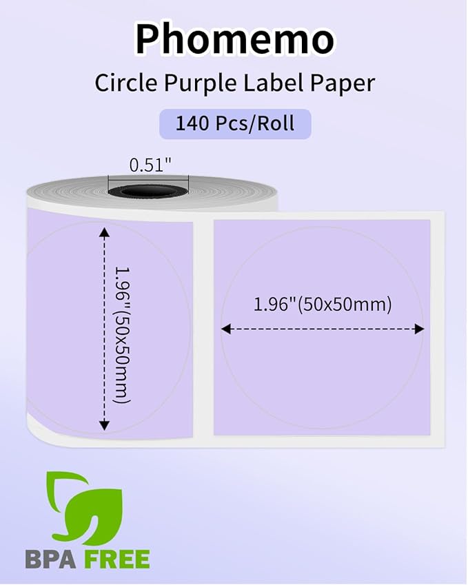Phomemo Purple Circle Thermal Sticker Label, Size 1.96" x 1.96", 140 Labels per Roll, Compatible with M100/M110/M220/M250/M120/M200/M150 Label Maker