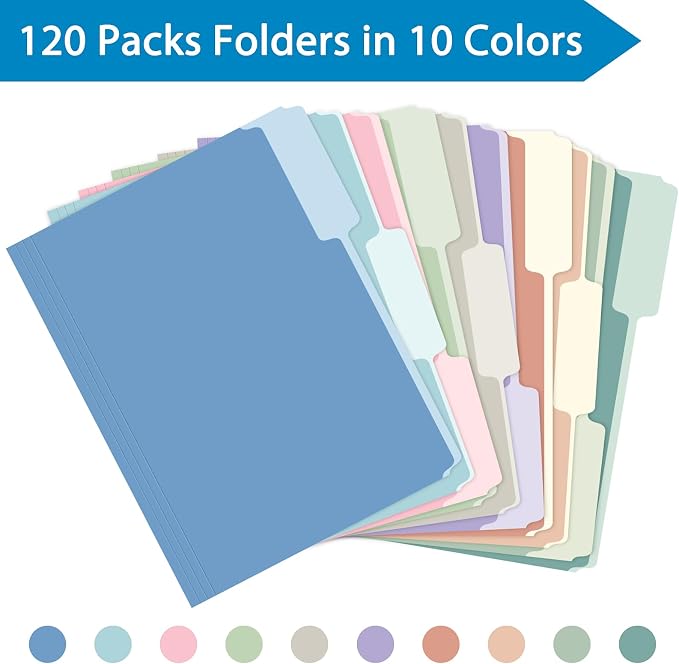 120 Pack Two Tone Color File Folders 8.5 x 11 Inch, 1/3 Cut Tab File Folder Letter Size, Assorted Colors, 10 Pastel Colors Manila File Folders, School Business Office Folders for Document Files Pape