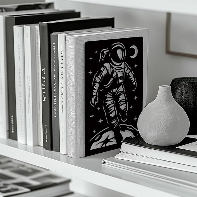 Peacoblue Metal Bookends for Shelves, Modern Decorative Heavy Duty Study Book Support Stoppers for Office, Desk, Shelf, Room 5.3"x4.3"x7.9" Cast Iron Simple Tall Bookends, 1 Pair (Space Astronauts)