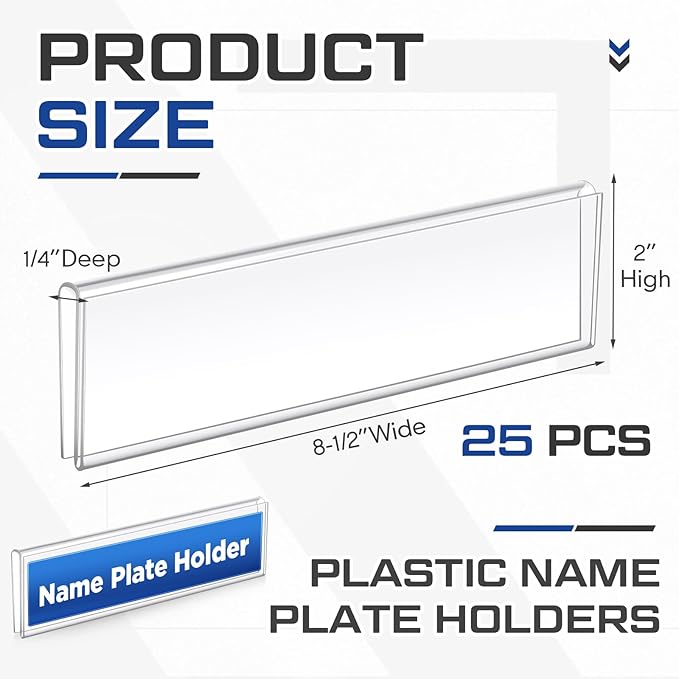 Wonderjune 25 Pack Plastic Cubicle Name Plate Holder 8.5" Wide x 2" High Glass Wall Name Plate Holder Clear Acrylic Sign Display Stand for Home Office Business (Suitable for 1/4" Cubicle Wall)