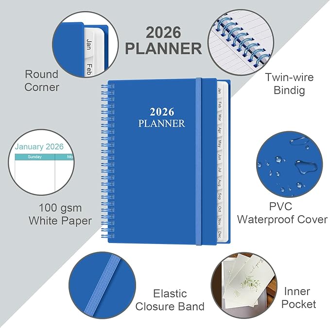 2026 Planner - Weekly & Monthly Planner from January 2026 - December 2026, Planner 2026 with Flexible Cover, Tabs, Inner Pocket, 6.4" x 8.5", Blue
