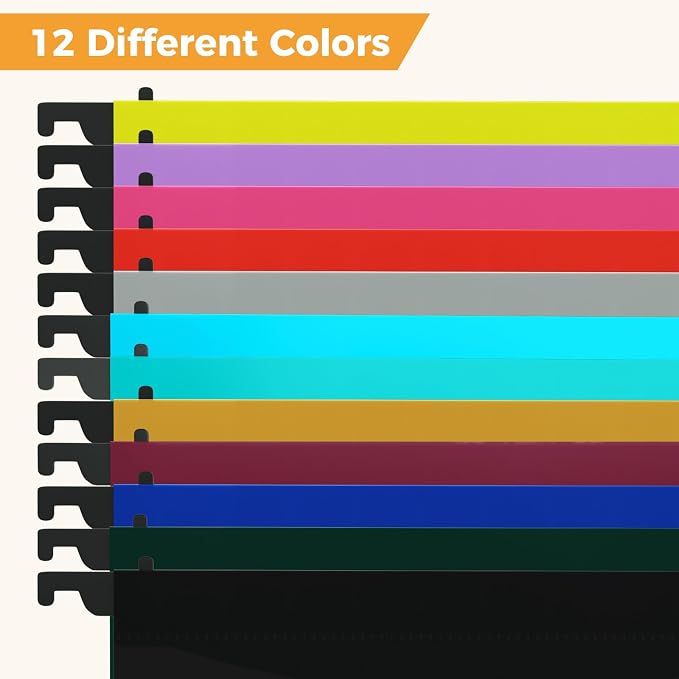 Ansook 12 Pack Plastic Hanging File Folders, Heavy Duty Letter Size Hanging Folders with Tabs, 2 x 1", 4 x 1.5", 4 x 2", 2 x 2.5", Hanging Files for Office and Document Organization, Assorted Colors
