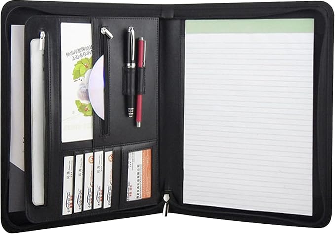 VANRA Zippered Padfolio for Men Leather Portfolio for Women Binder Organizer Interview Resume Folder for Papers Document Holder Planner Binder A4 Letter Size with Notepad, Black