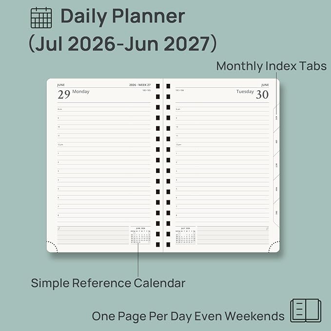 POPRUN 2026-2027 Daily Planner One Page Per Day, 5.75" x 8.5", Academic Daily Calendar Book with July 2026 to June 2027, Hardcover Appointment Book with Hourly Time Slots, Spiral Bound, Monthly Tabs - Pacific Green